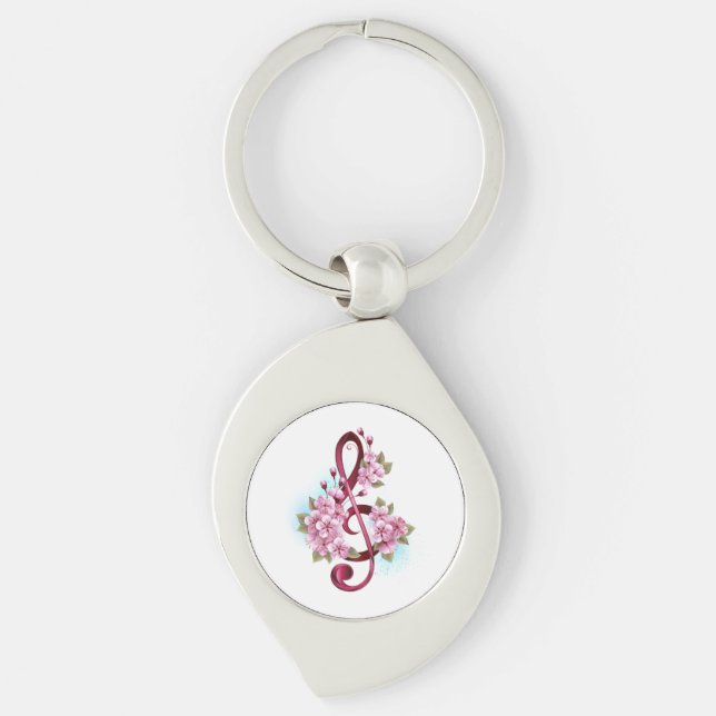 Musical treble clef notes with Sakura flowers Key Ring (Front)