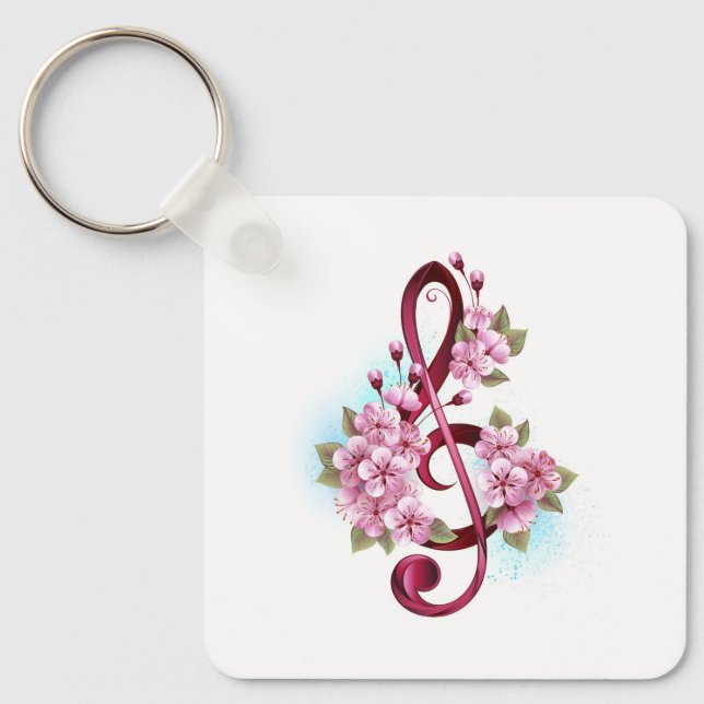Musical treble clef notes with Sakura flowers Key Ring (Front)