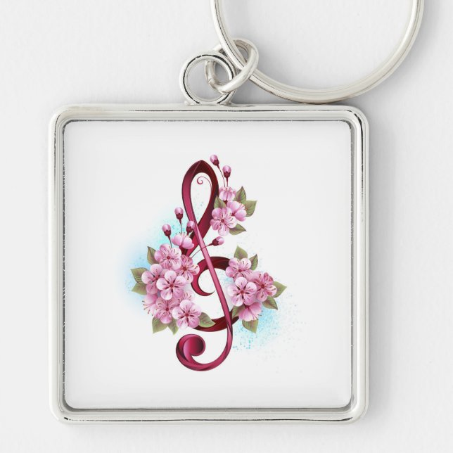 Musical treble clef notes with Sakura flowers Key Ring (Front)