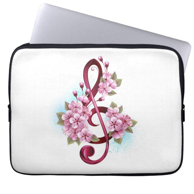Musical treble clef notes with Sakura flowers Laptop Sleeve (Front)