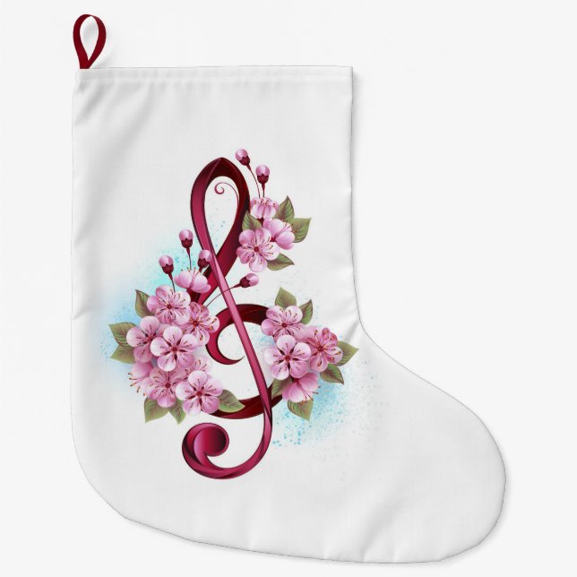 Musical treble clef notes with Sakura flowers Large Christmas Stocking (Front)