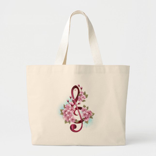 Musical treble clef notes with Sakura flowers Large Tote Bag (Front)