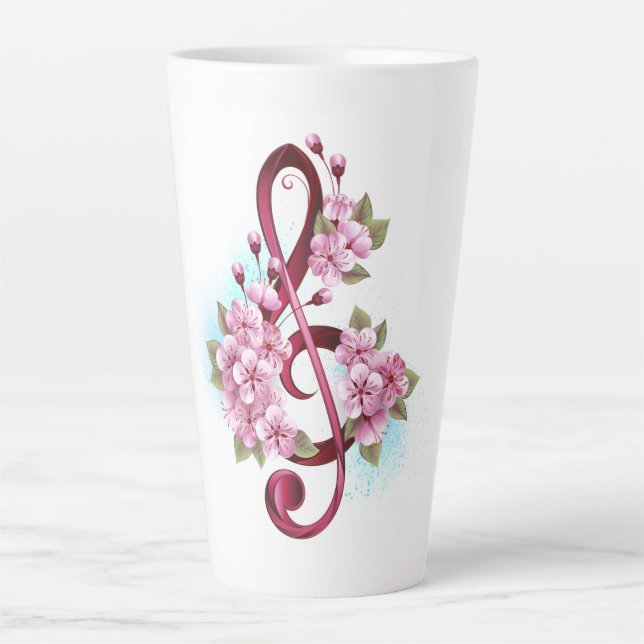 Musical treble clef notes with Sakura flowers Latte Mug (Front)