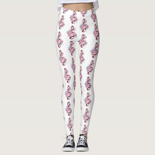 Musical treble clef notes with Sakura flowers Leggings (Front)
