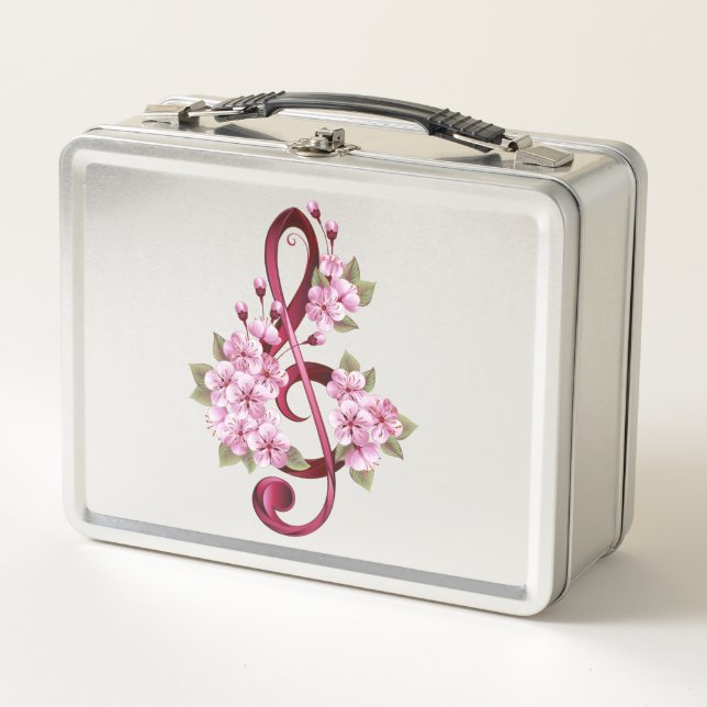 Musical treble clef notes with Sakura flowers Metal Lunch Box (Front)