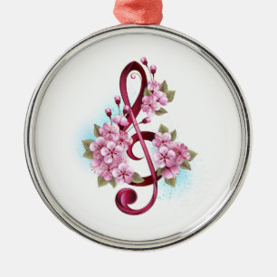 Musical treble clef notes with Sakura flowers Metal Ornament