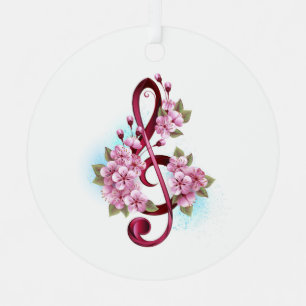 Musical treble clef notes with Sakura flowers Metal Tree Decoration