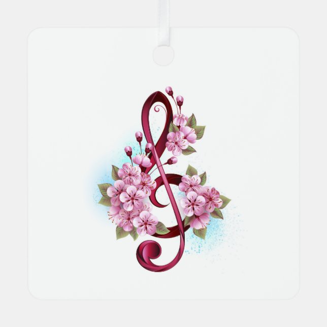 Musical treble clef notes with Sakura flowers Metal Tree Decoration (Front)