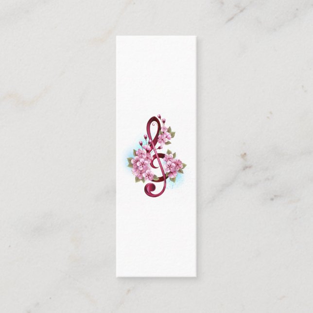 Musical treble clef notes with Sakura flowers Mini Business Card (Front)