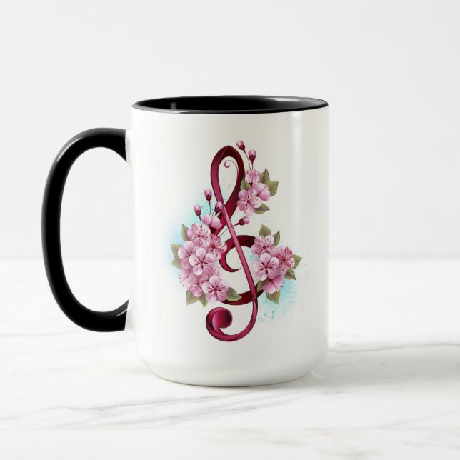 Musical treble clef notes with Sakura flowers Mug (Left)