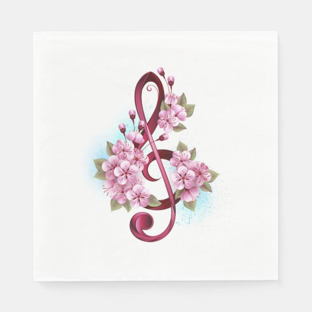 Musical treble clef notes with Sakura flowers Napkin (Front)