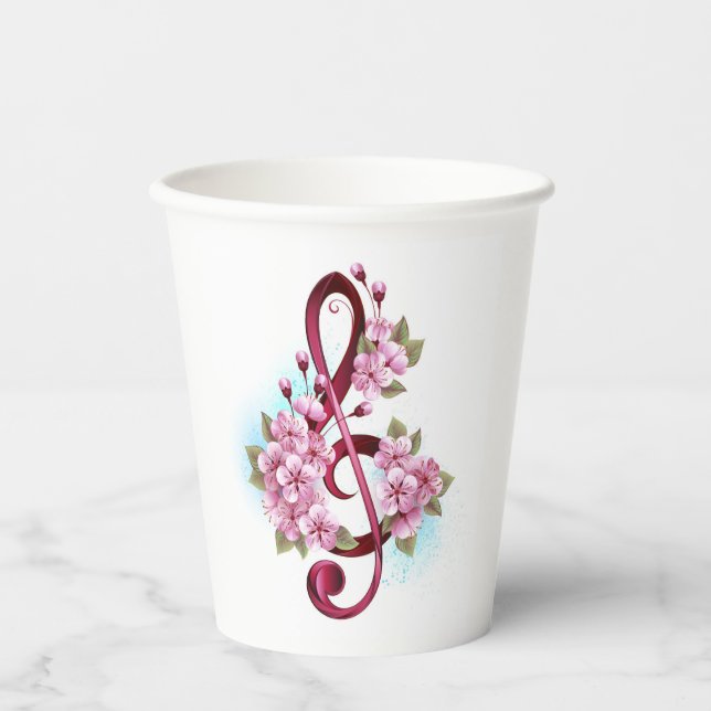 Musical treble clef notes with Sakura flowers Paper Cups (Front)
