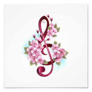 Musical treble clef notes with Sakura flowers Photo Print