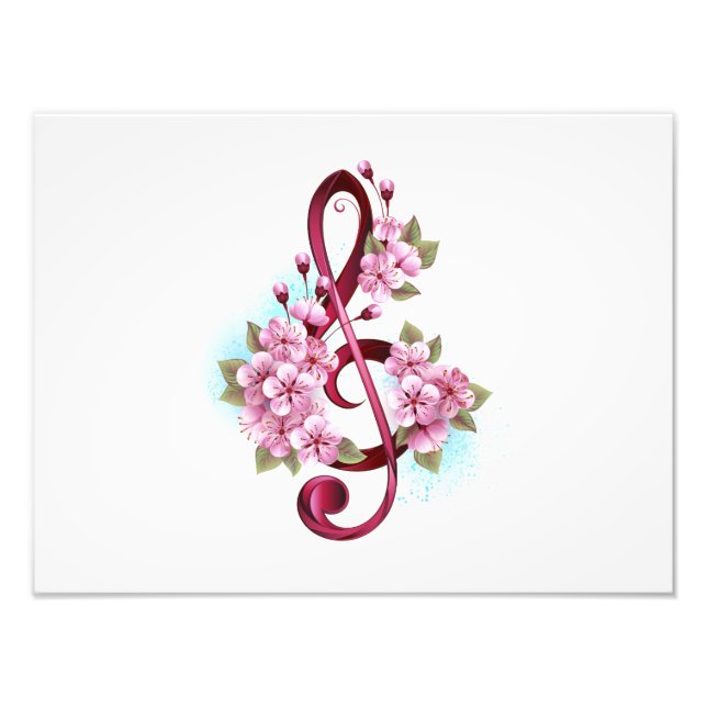 Musical treble clef notes with Sakura flowers Photo Print (Front)