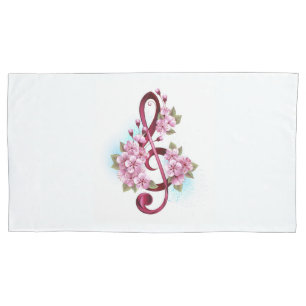 Musical treble clef notes with Sakura flowers Pillowcase