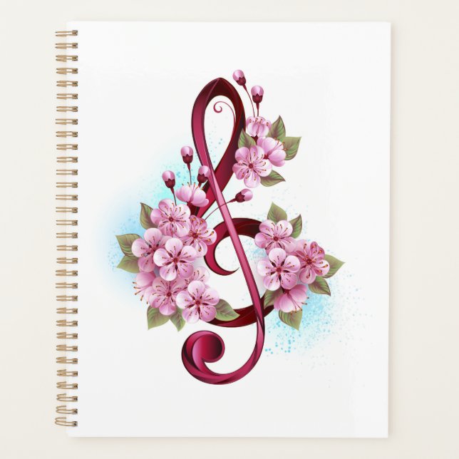 Musical treble clef notes with Sakura flowers Planner (Front)