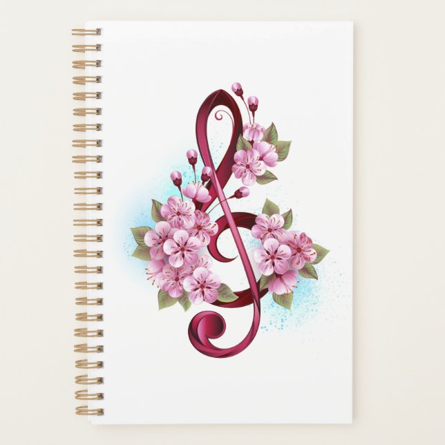 Musical treble clef notes with Sakura flowers Planner (Front)