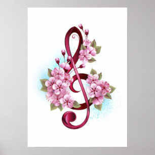 Musical treble clef notes with Sakura flowers Poster