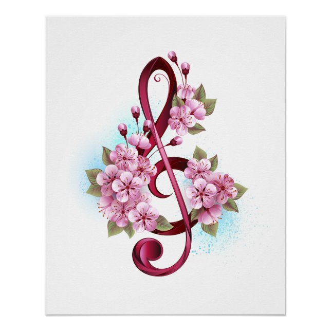 Musical treble clef notes with Sakura flowers Poster (Front)