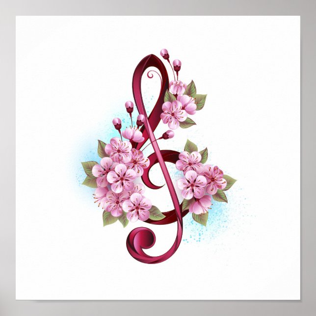 Musical treble clef notes with Sakura flowers Poster (Front)