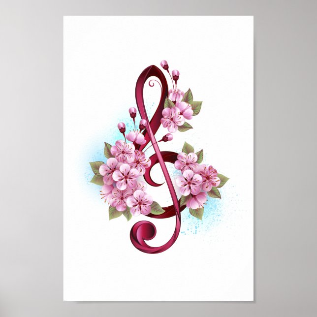 Musical treble clef notes with Sakura flowers Poster (Front)