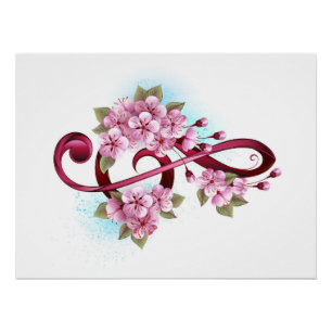 Musical treble clef notes with Sakura flowers Poster