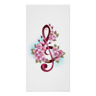 Musical treble clef notes with Sakura flowers Poster