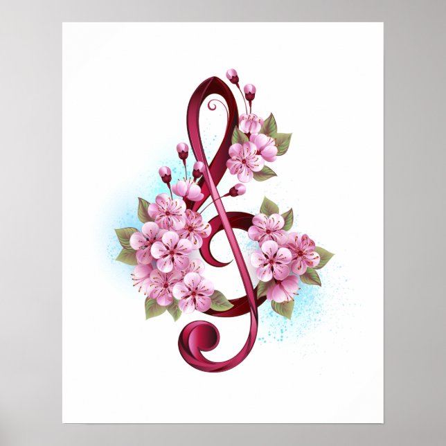 Musical treble clef notes with Sakura flowers Poster (Front)