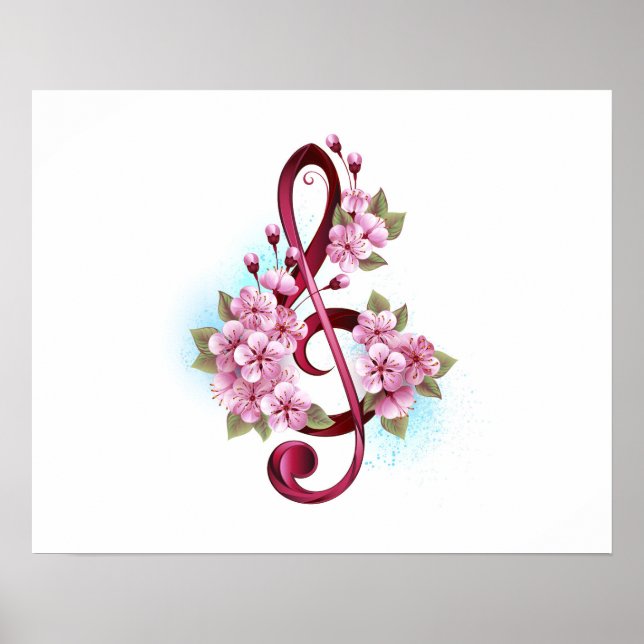 Musical treble clef notes with Sakura flowers Poster (Front)