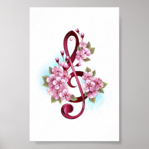 Musical treble clef notes with Sakura flowers Poster