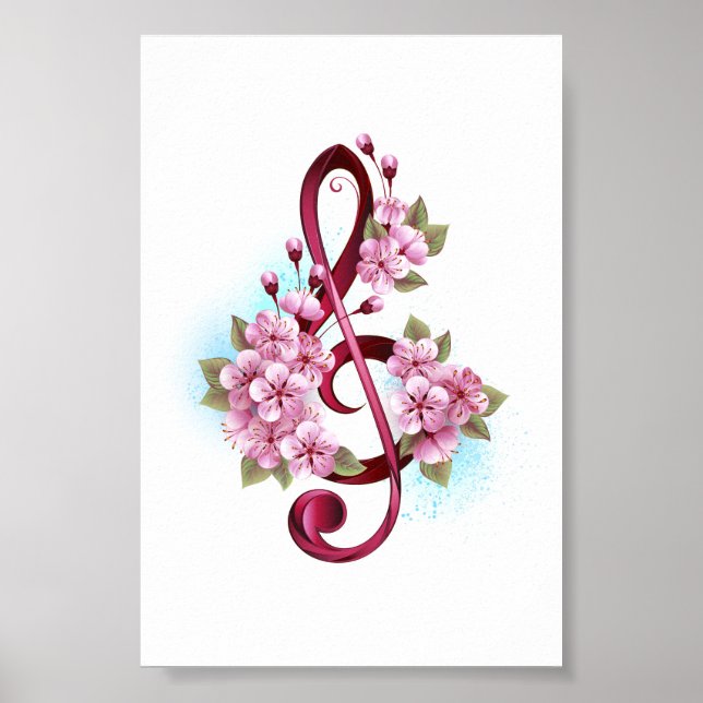 Musical treble clef notes with Sakura flowers Poster (Front)