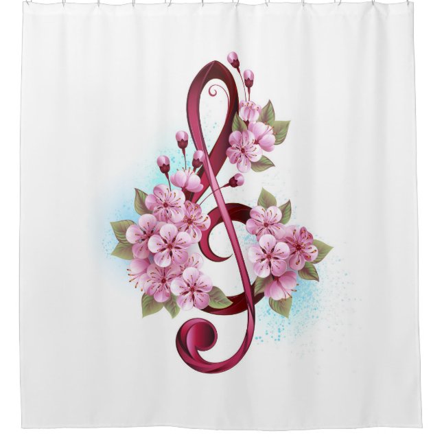 Musical treble clef notes with Sakura flowers Shower Curtain (Front)