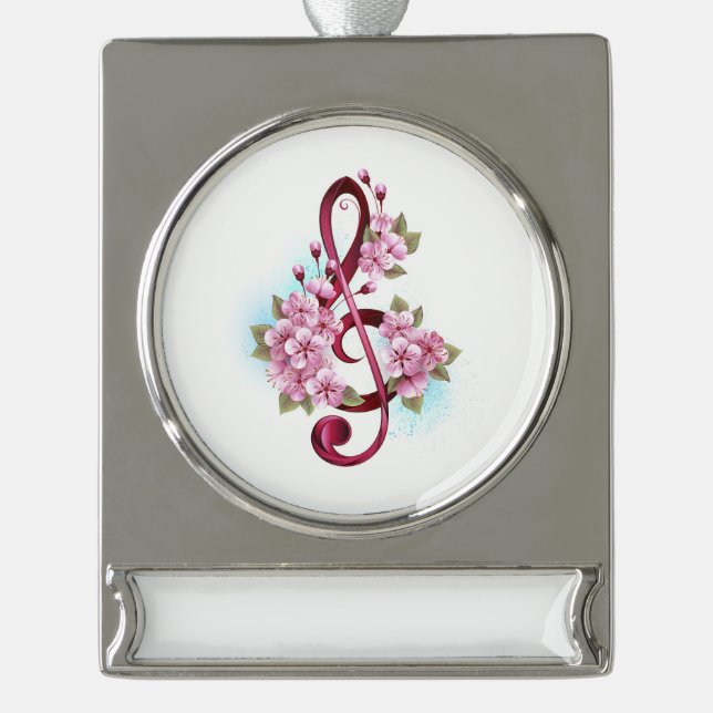 Musical treble clef notes with Sakura flowers Silver Plated Banner Ornament (Front)