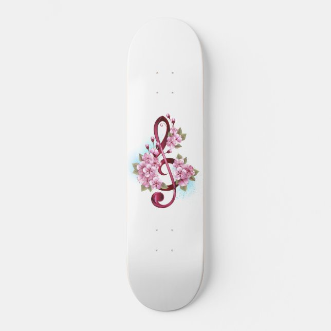 Musical treble clef notes with Sakura flowers Skateboard (Front)
