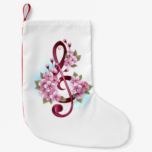 Musical treble clef notes with Sakura flowers Small Christmas Stocking (Front)
