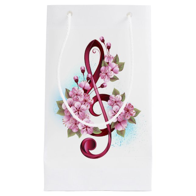 Musical treble clef notes with Sakura flowers Small Gift Bag (Front)
