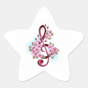 Musical treble clef notes with Sakura flowers Star Sticker