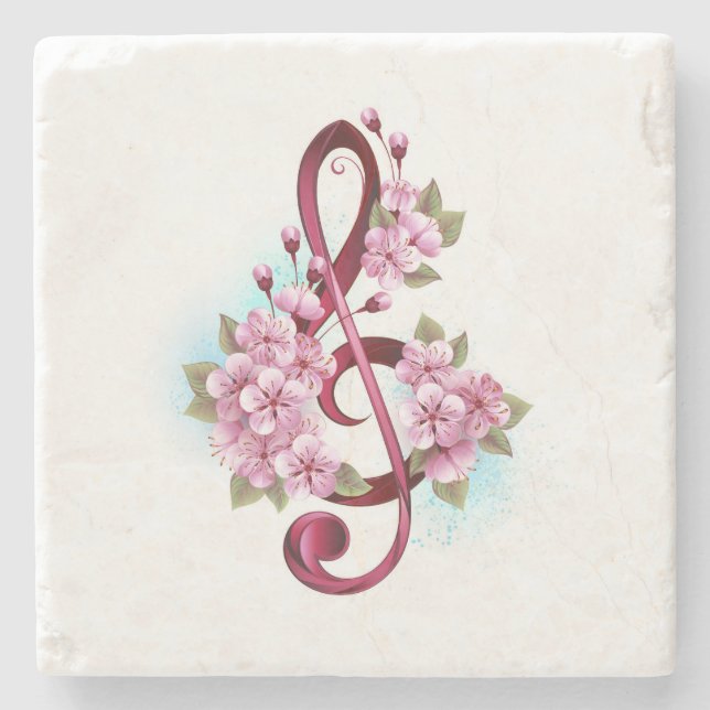 Musical treble clef notes with Sakura flowers Stone Coaster (Front)