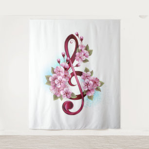 Musical treble clef notes with Sakura flowers Tapestry
