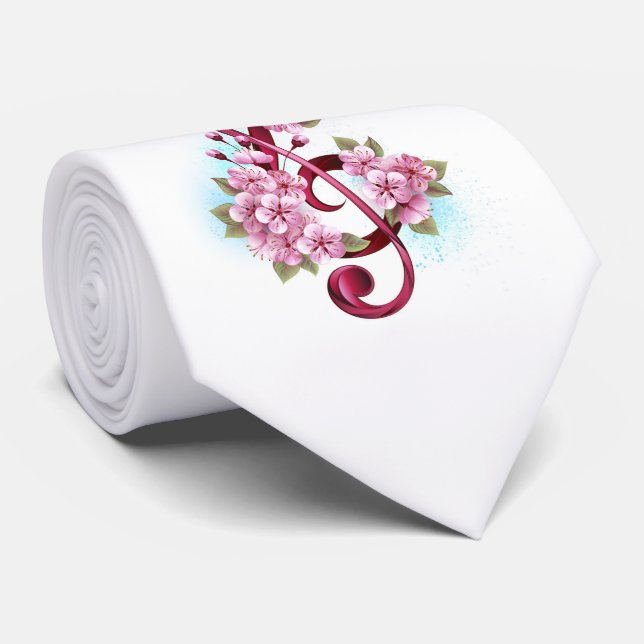 Musical treble clef notes with Sakura flowers Tie (Rolled)
