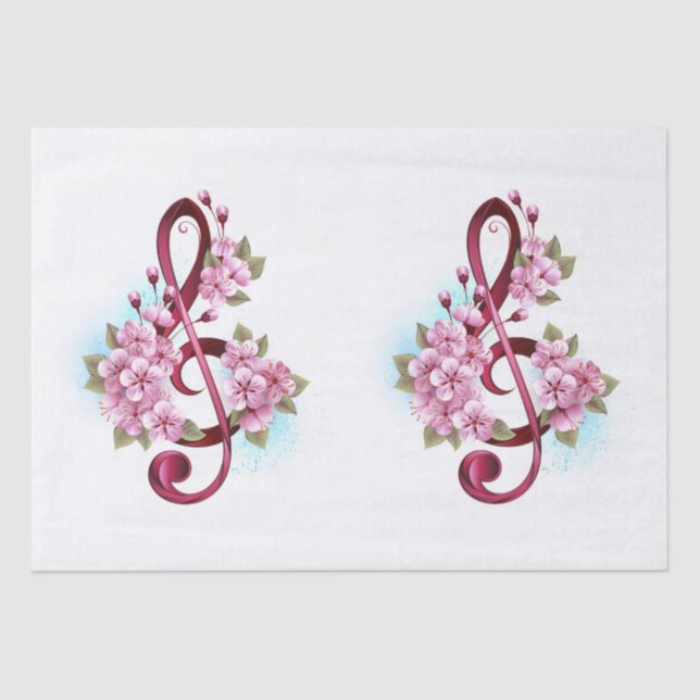 Musical treble clef notes with Sakura flowers Tissue Paper (Front)