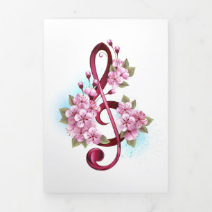Musical treble clef notes with Sakura flowers Tri-Fold Card