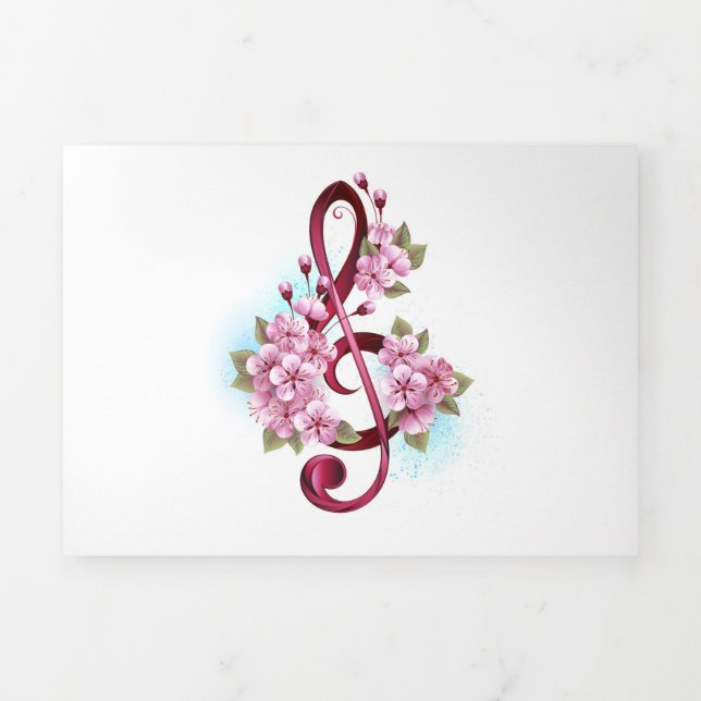 Musical treble clef notes with Sakura flowers Tri-Fold Programme (Cover)
