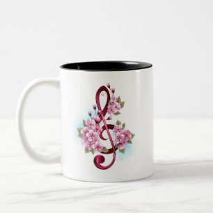 Musical treble clef notes with Sakura flowers Two-Tone Coffee Mug