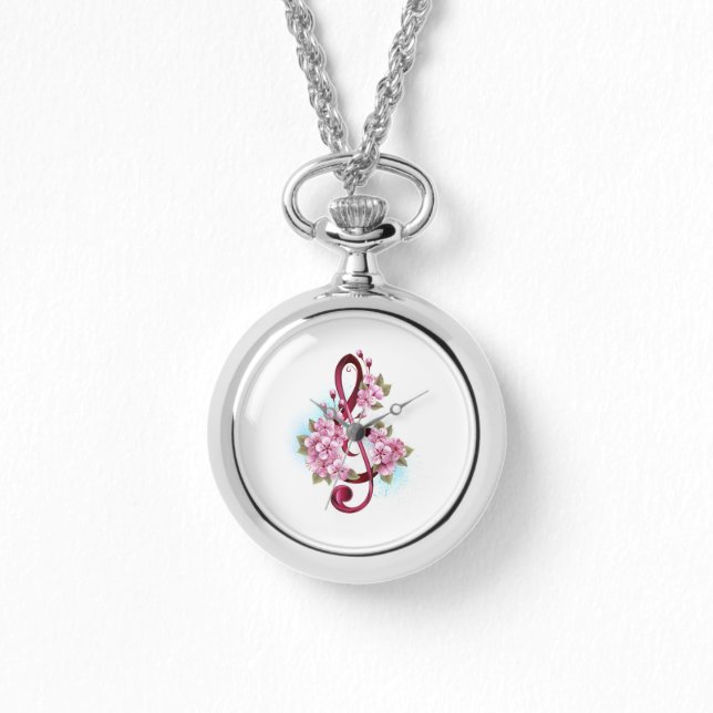 Musical treble clef notes with Sakura flowers Watch (Front)