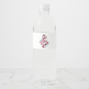 Musical treble clef notes with Sakura flowers Water Bottle Label