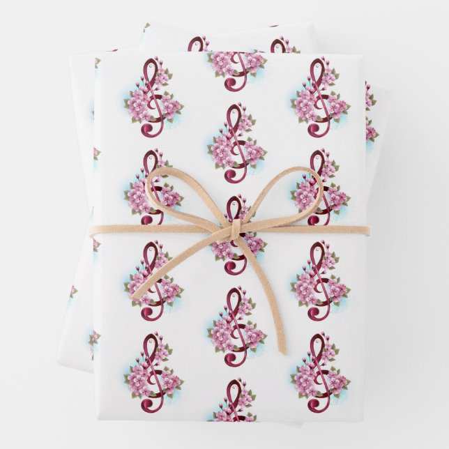 Musical treble clef notes with Sakura flowers Wrapping Paper Sheet (In situ)