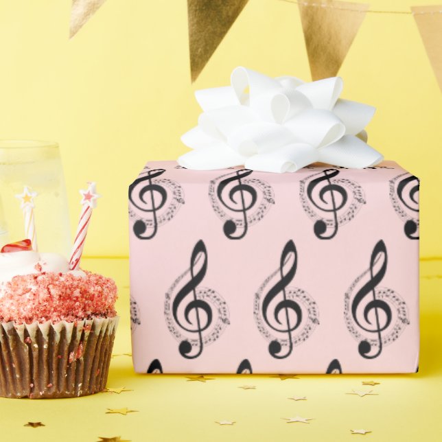 Musical Treble Clef On Pink Wrapping Paper (Birthday Party)
