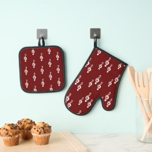 Musical Treble Clef Pattern Simple Red Oven Mitt & Pot Holder Set