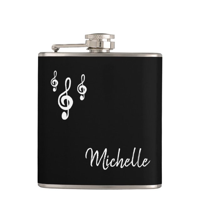 Musical Treble Clef Simple Black White Typography Hip Flask (Front)